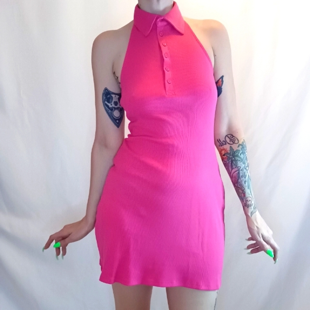 Pink Button Up Halter Collar Dress.